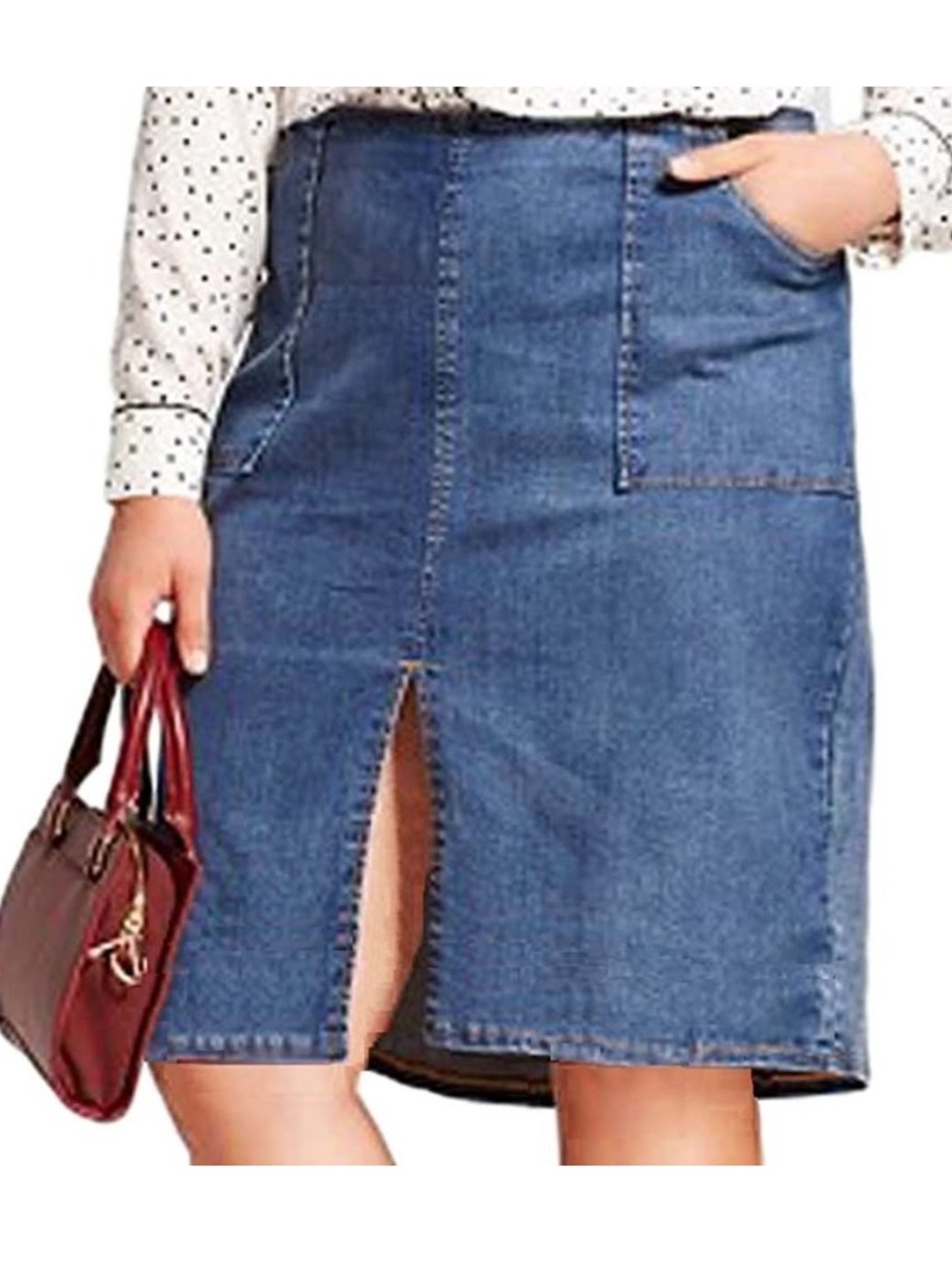 Who What Wear Denim Midi Pencil Skirt Front Slit Patch Pockets Blue Stretch 12